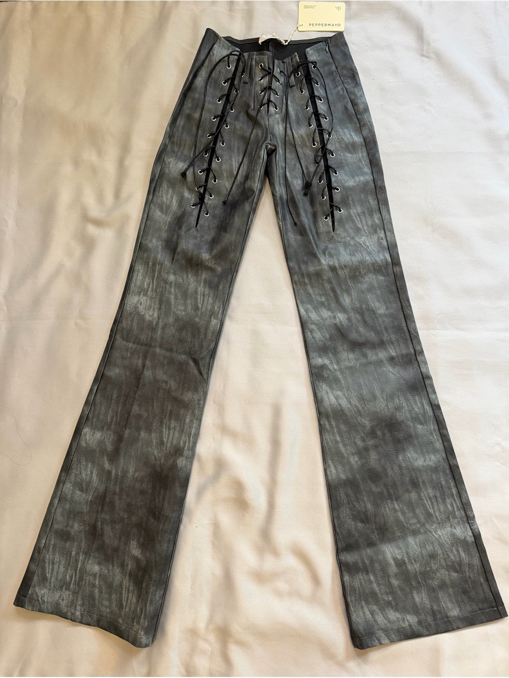 Peppermayo Gray Lace-Up Faux Leather Pants